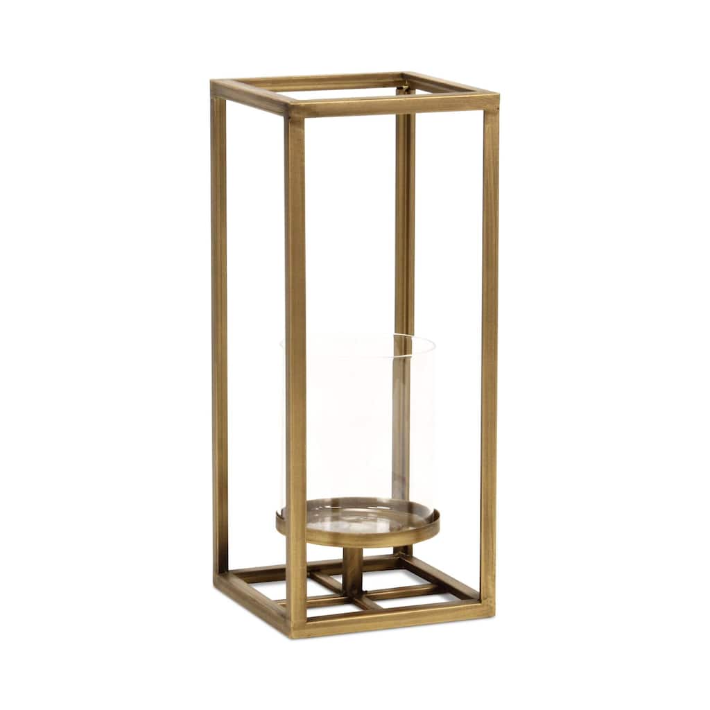 Small Square Framed Candle Lantern with Glass Insert - 13" - Gold