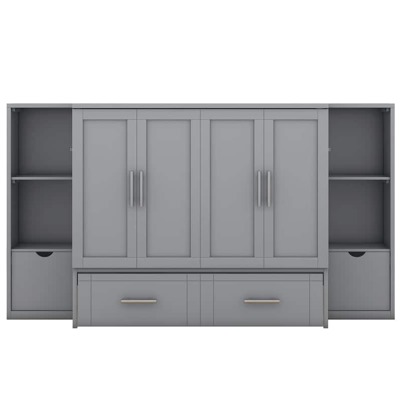 Gray Queen Size Murphy Bed with Shelves, Drawers, USB Ports