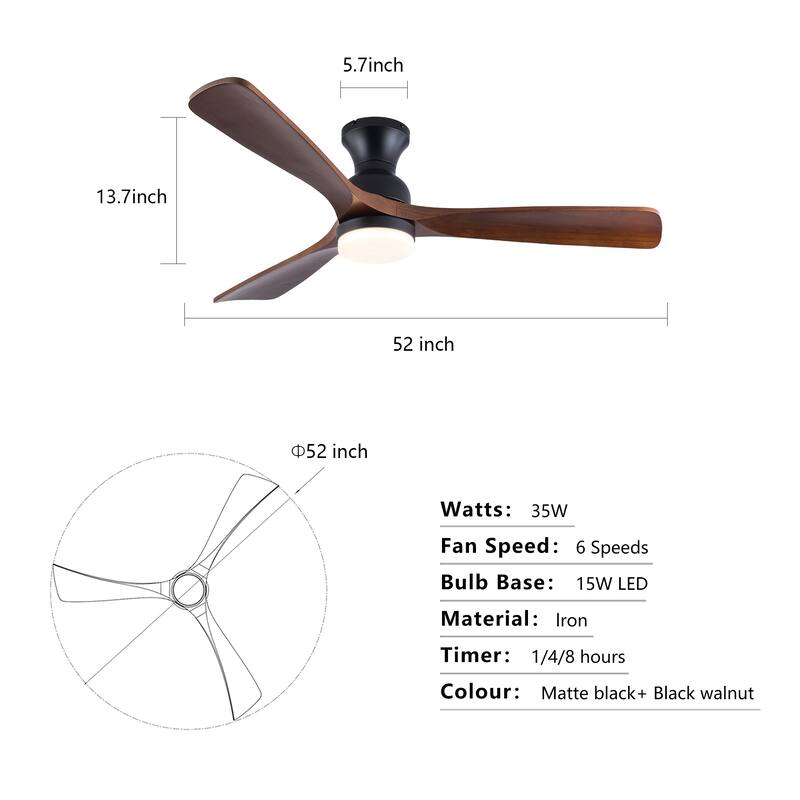 52 Inch Ceiling Fans With Lights,3 Color Dimmable LED,3 Solide Wood Blades Ceiling Fan with Remote Control Reversible DC Motor