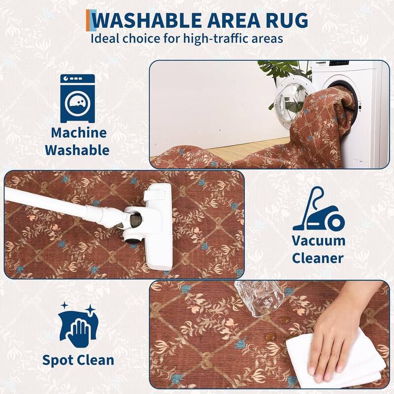 Floral Neutral Washable Hallway Low Pile Area Rug for Bedroom, Living Room, Red - 2' x 3'