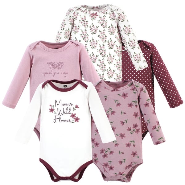 slide 1 of 1, Hudson Baby Infant Girl Cotton Long-Sleeve Bodysuits, Plum Wildflower 5 Pack Preemie - Plum Wildflower 5 Pack