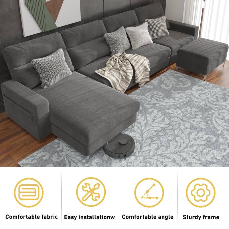 Furniwell U-Shaped Sofa with Upholstered Stool Convertible Combination Linen Sofa,Dark Grey