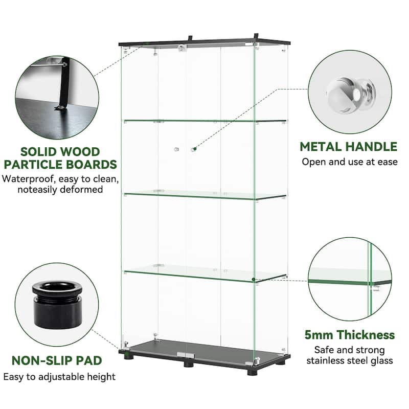 Glass Display Cabinet with Locking Double Doors, 4 Shelf Curio Cabinet, 5mm Tempered Glass Floor Bookcase