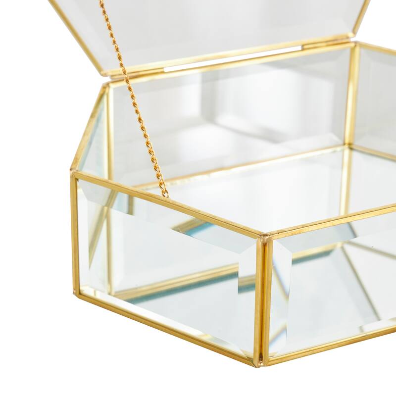 Clear Glass Beveled Hexagon Geometric Decorative Jewelry Box with Gold Metal Frame and Chain Accent (Set of 2)
