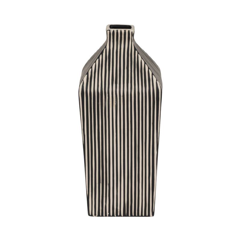 Sagebrook Home Lines Square Stoneware Vase in Black and White Finish, Unique Design - 5" x 5" x 11"
