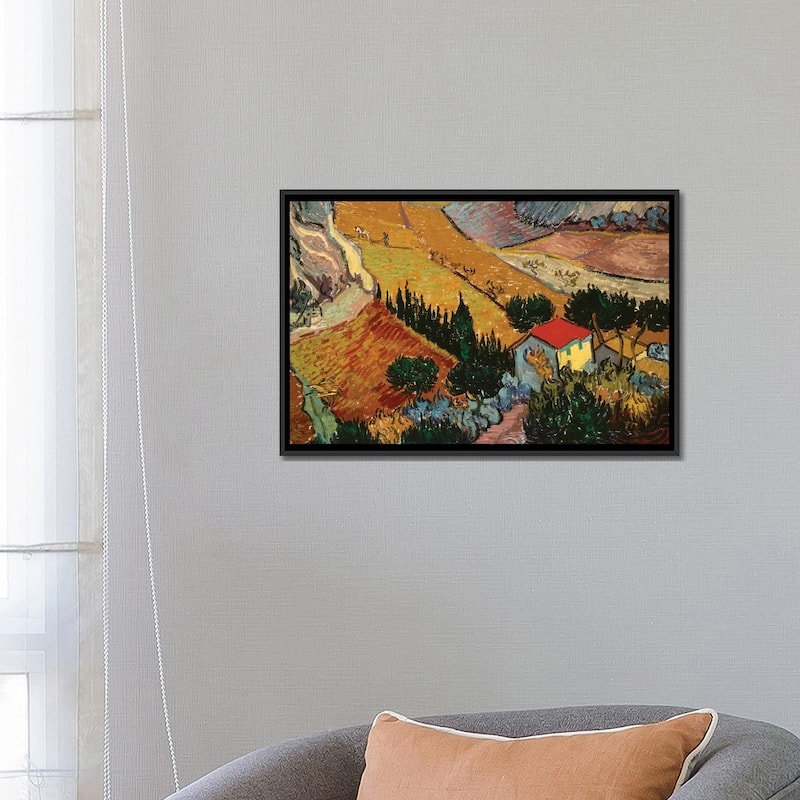 iCanvas "Landscape with House and Ploughman, 1889 " by Vincent van Gogh Framed Canvas Print