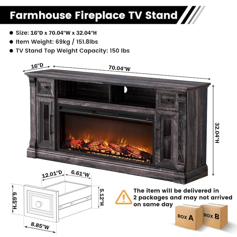 Fireplace TV Stand for 80" TV, Entertainment Center with LED Lights