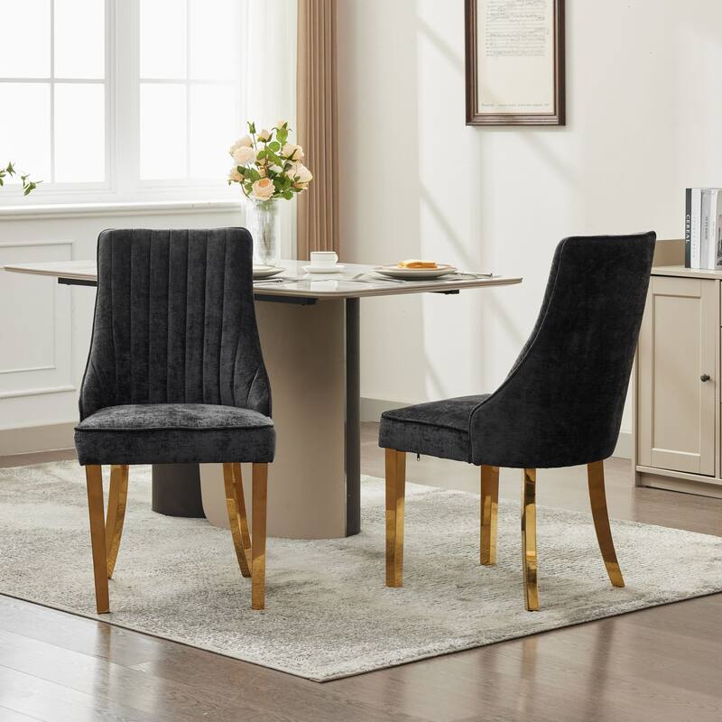 GDF Studio- Rayon Chenille Upholstered Dining Chair with Tufted Back & Golden Metal Base, Set of 2