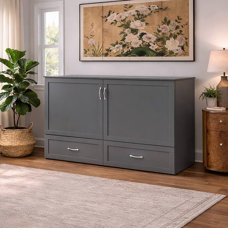 Hamilton Queen Murphy Bed Chest with 6" Mattress, Storage Drawer & Built-In Charger in Grey