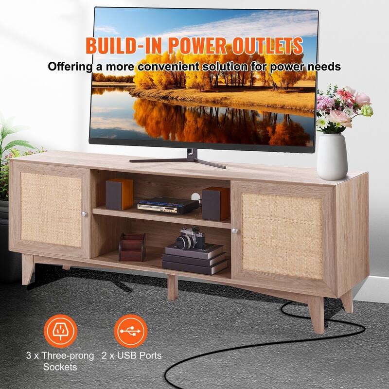 Rattan TV Stand for 75 Inch TV Mid Century Modern Cabinet with Storage - 17.4x17.4x13.8in