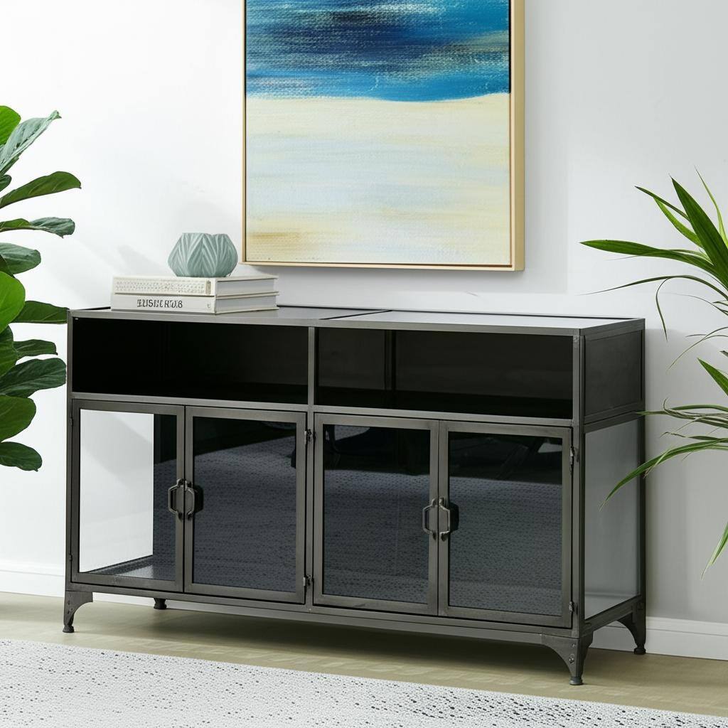 HomeRoots 63" Black Glass and Metal Display Cabinet With Four Doors