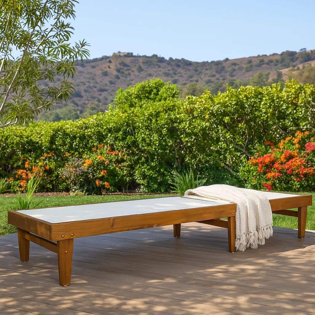 Liam Outdoor Chaise Lounger, Ergonomic White Mesh Seat, Brown Acacia Wood