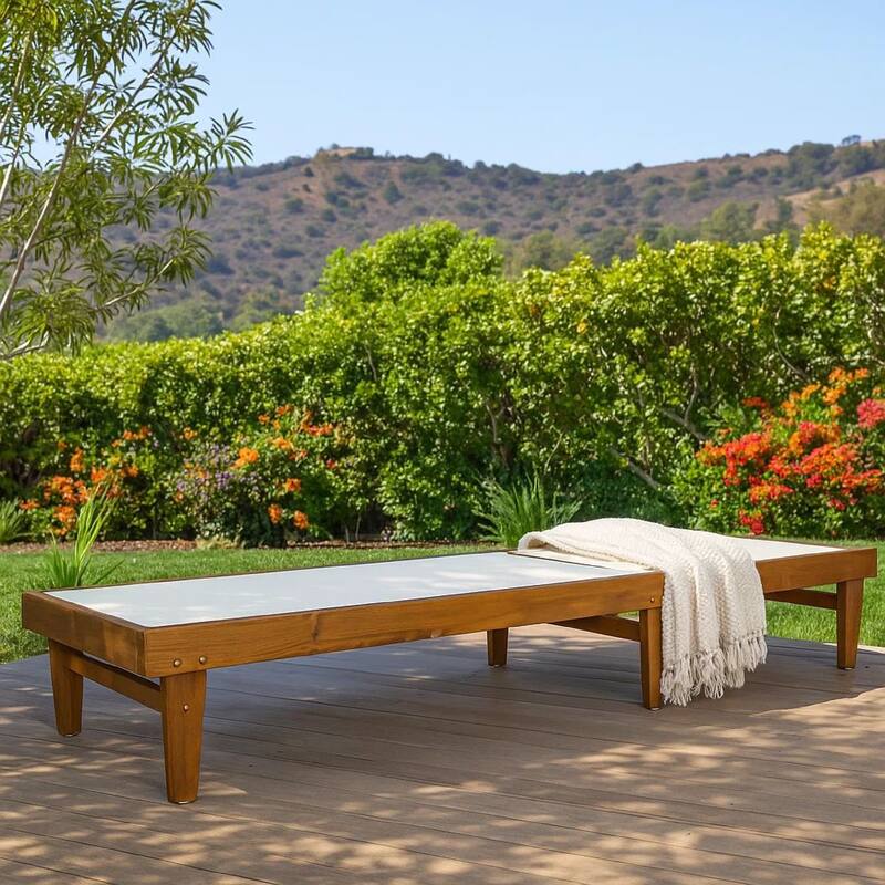 Liam Outdoor Chaise Lounger, Ergonomic White Mesh Seat, Brown Acacia Wood