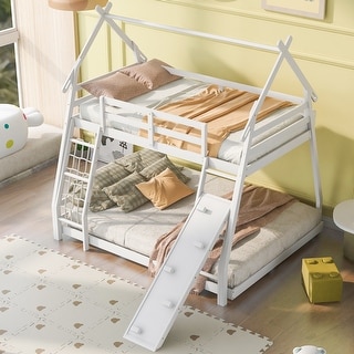 Twin over Queen House Bunk Bed, Solid Wood Low Bunk Bed Frame with Climbing Net & Climbing Ramp, for Kids Teens Boys Girls