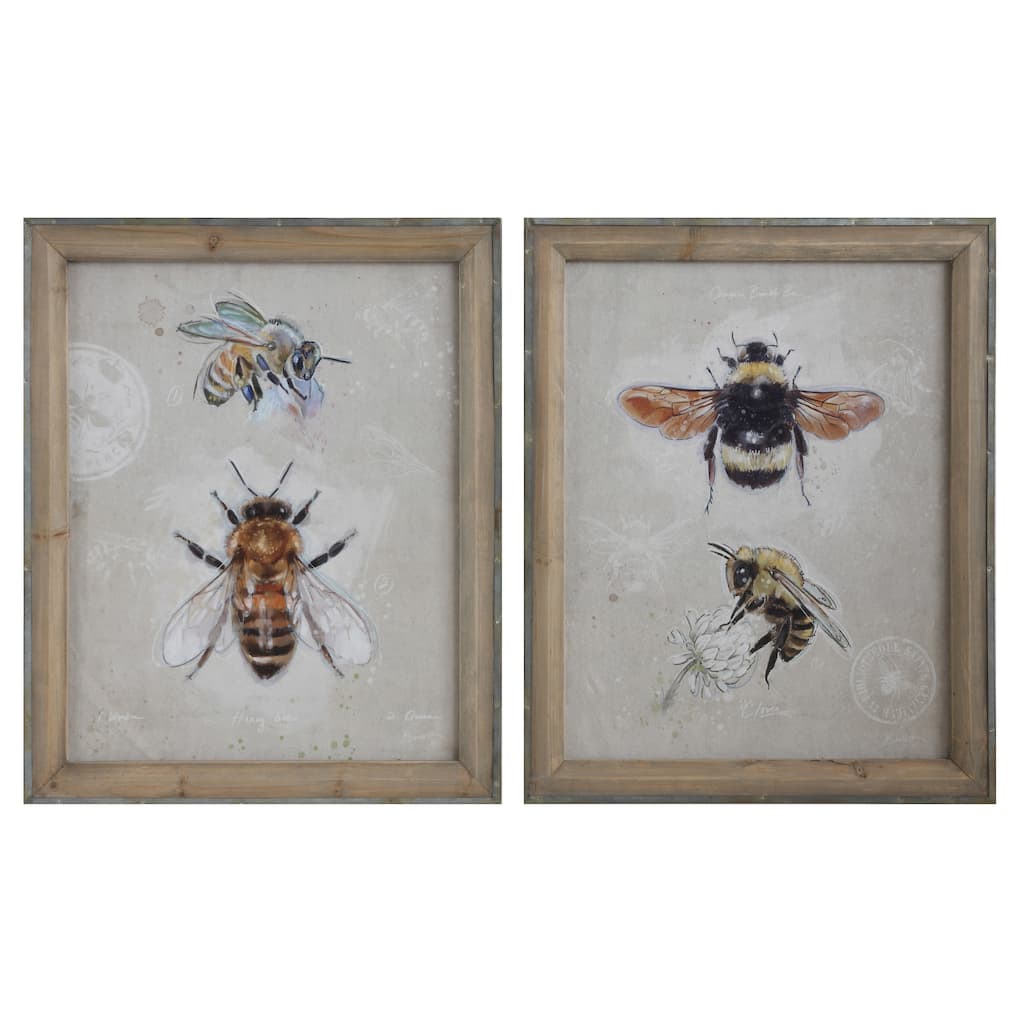 Wood Framed Canvas Wall Art with Bee Images (Set of 2 Designs)