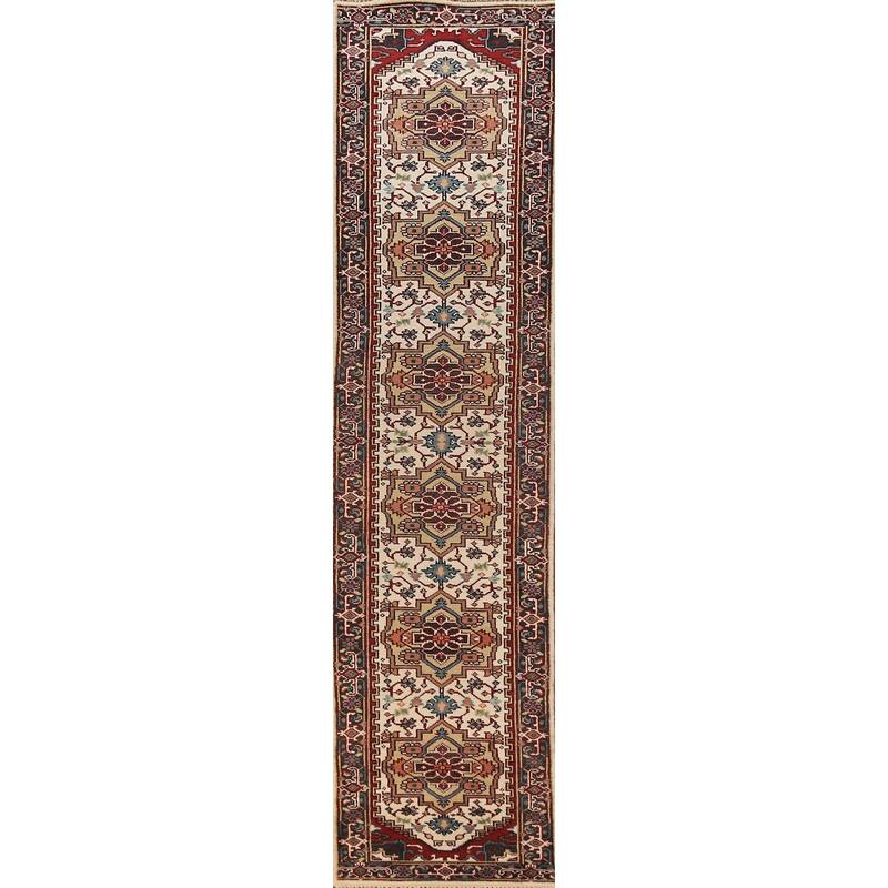 Geometric Heriz Serapi Indian Runner Rug Handmade Wool Carpet - 2'6"x 13'10"