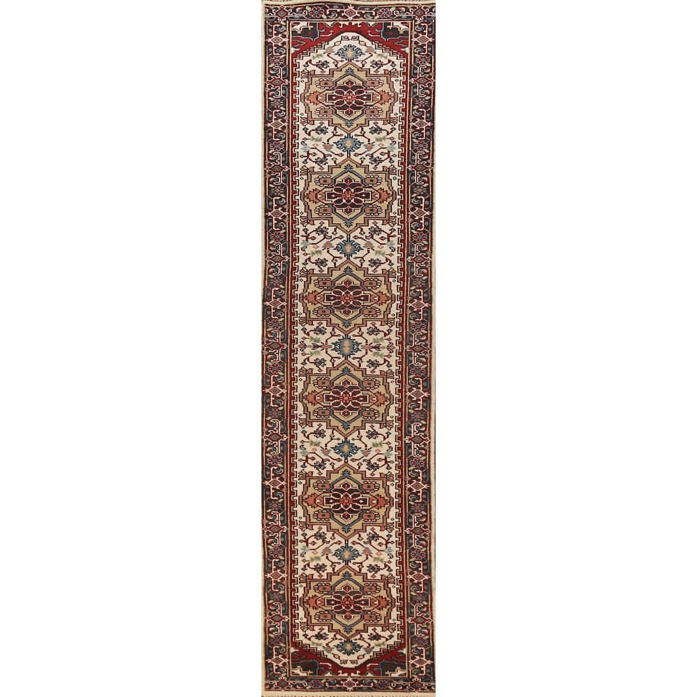 Geometric Heriz Serapi Indian Runner Rug Handmade Wool Carpet - 2'6"x 13'10"