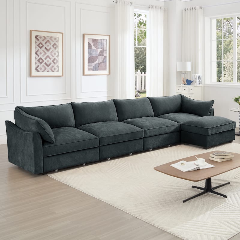 L-Shaped 4-Deep Seater Sectional Sofa Couch with 1 Movable Storage Ottoman & Pull out Drawers Under Each Seat
