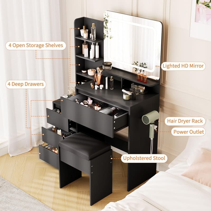 36" LED Vanity Desk with Lights, 4 Drawers & Charging Ports