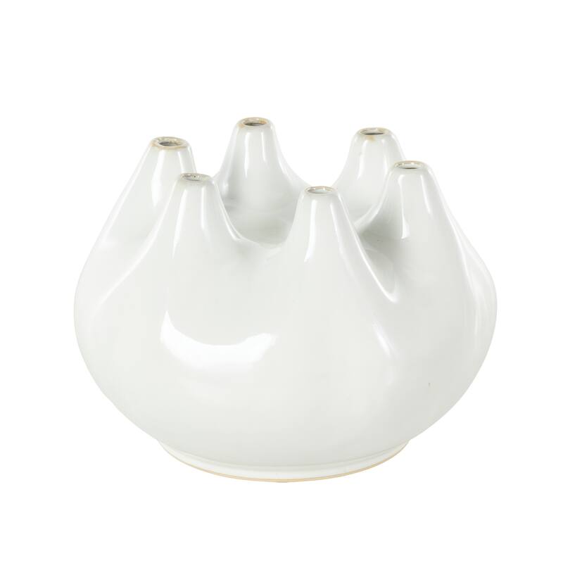 White Ceramic Round Wide Decorative Vase with Multiple Openings