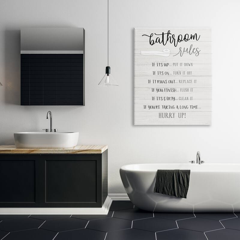 Stupell Bathroom Rules Toilet Paper Sign Country Plank Pattern Canvas Wall Art - Black