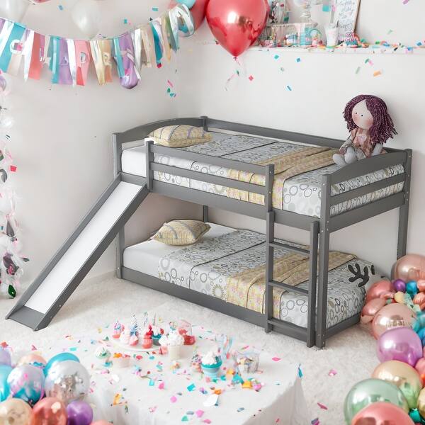 slide 2 of 9, Twin Over Twin Bunk Bed With Convertible Slide And Ladder for Home Grey