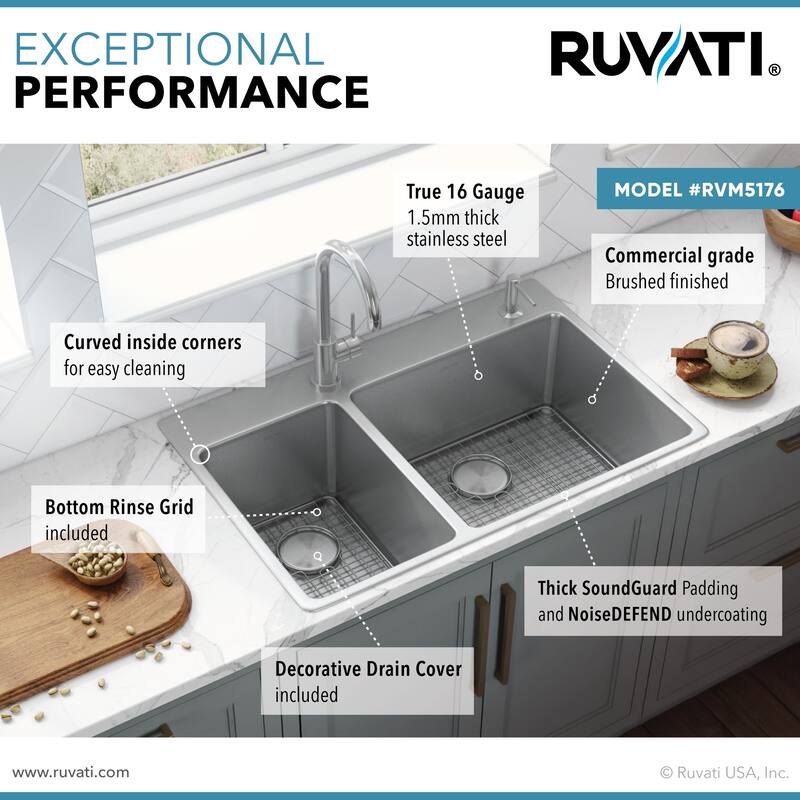 Ruvati 33 x 22 inch Drop-in Topmount Kitchen Sink 16 Gauge Stainless Steel 30/70 Double Bowl - RVM5176 - 8' x 11'
