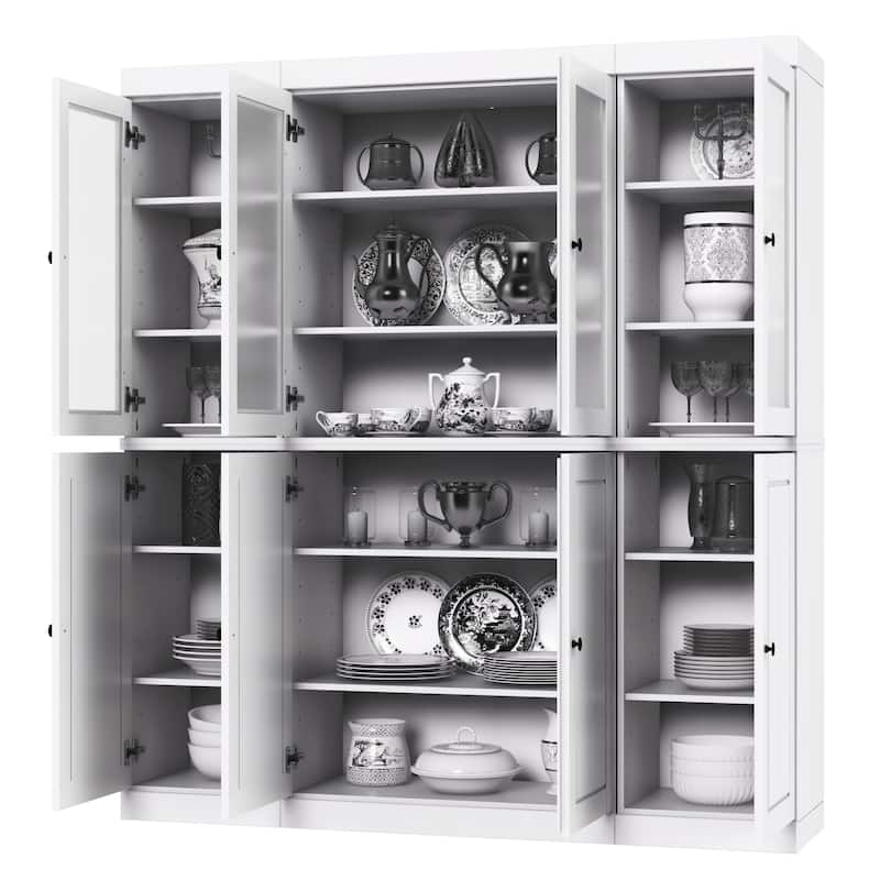 100% Solid Wood 65" Pantry China Cabinet with Solid, Frosted Glass Doors and Adjustable Shelves