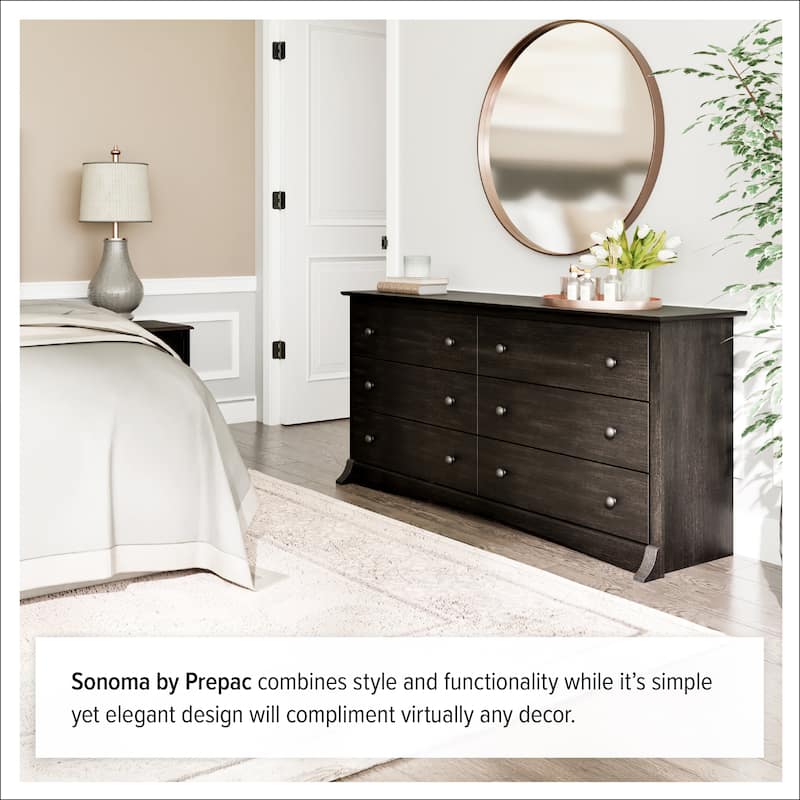Prepac Sonoma 6 Drawer Double Dresser for Bedroom, Wide Chest of Drawers, Traditional Bedroom Furniture