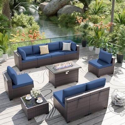 Delnavik 9-Pieces Wicker Patio Furniture Set with Firepit,Outdoor Seatings with Cushions - 9 pieces