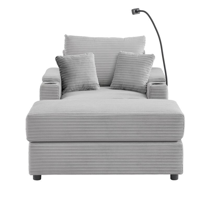 Modern Single Sofa with Movable Ottoman, Hidden Storage, USB Ports, Cup Holders and Phone Holder for Living Room