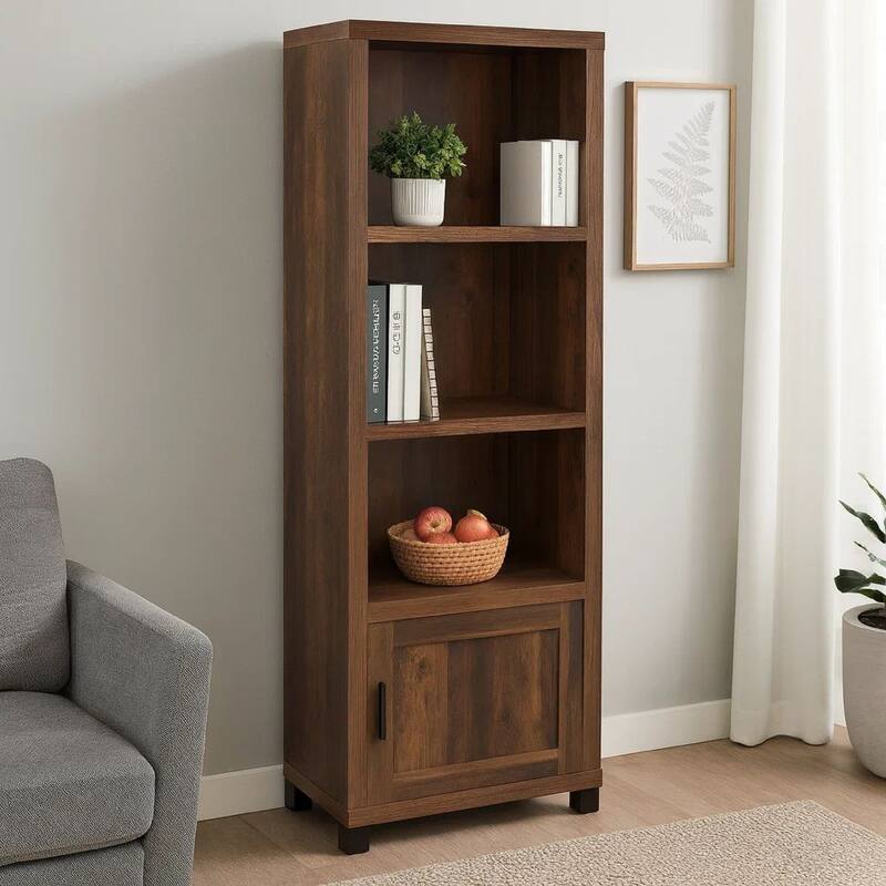 Sac 71 Inch Media Pier Tower with 3 Shelves and Cabinet, Dark Pine Wood