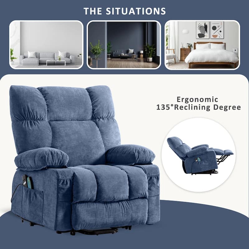 Blue Power Lift Recliner with Heat, Massage, USB Charging, Side Pockets, and Remote Control for Convenience