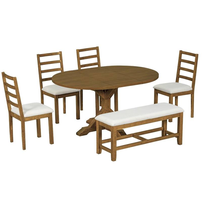 6 PCS Farmhouse Dining Table Set for 6 with Extendable Oval Table
