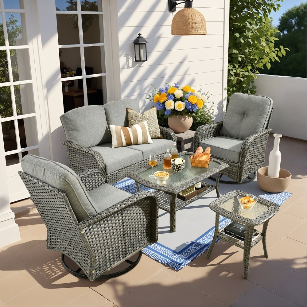 OVIOS 5 Piece Outdoor Wicker Loveseat Rocking Chair Set