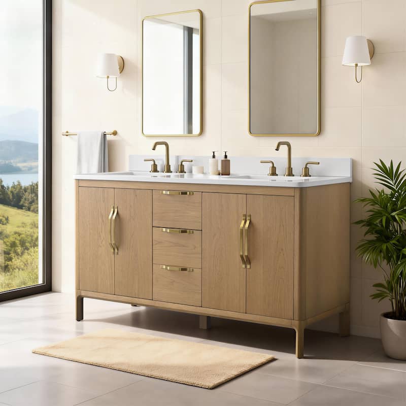 60" Freestanding Double-Sink Bathroom Vanity with Engineered Stone Top, Built-In Power Outlet, and Hair Dryer Storage