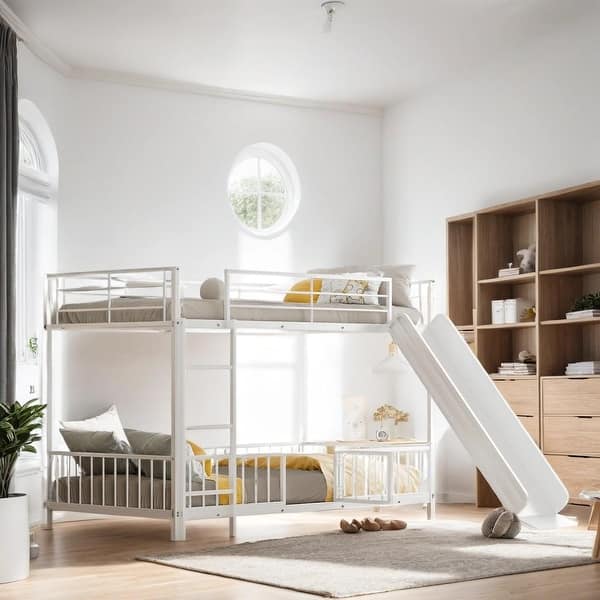 slide 2 of 38, Twin over Twin Size Metal Bunk Bed with Slide and Guardrails, White