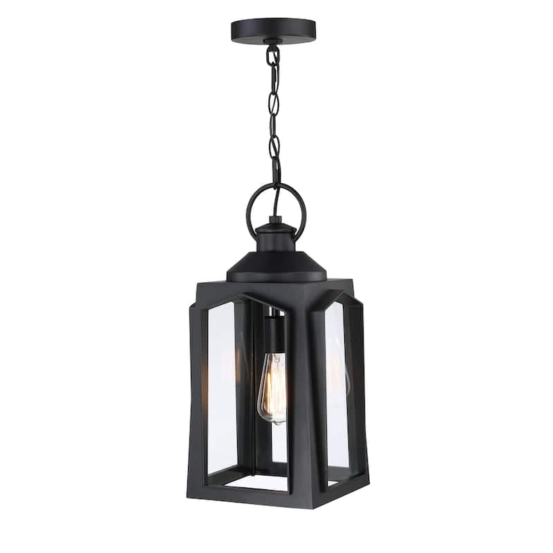 1-Light Matte Black Outdoor Pendant Light with Clear Glass Shade