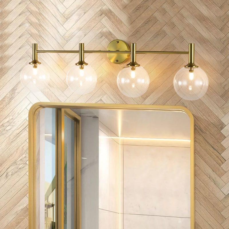 4-Light Brushed Brass Glass Globe Vanity Wall Lamp Bathroom Sconce - Clear Glass
