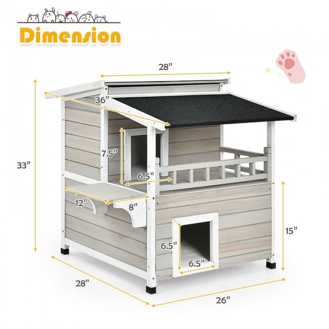 2-Story Wooden Patio Luxurious Cat Shelter House Condo with Large Balcony - 28" x 36" x 33" (L x W x H)