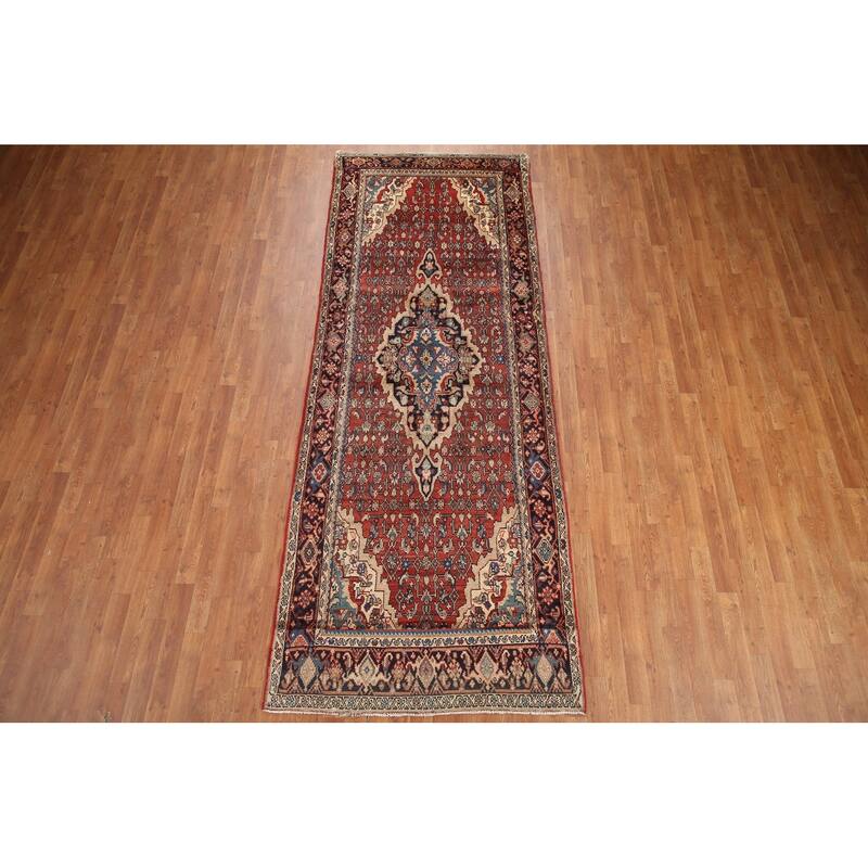 Hand Knotted Oriental 100% Wool Carpet Traditional Medallion Red Malayer Runner Rug - 10' 7'' X 3' 11''