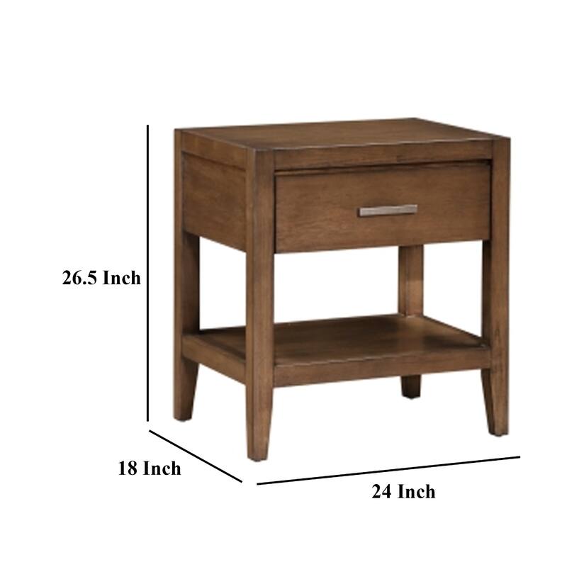 Evi Nightstand, 1 Drawer w Lower Open Shelf, Brushed Rich Brown Wood
