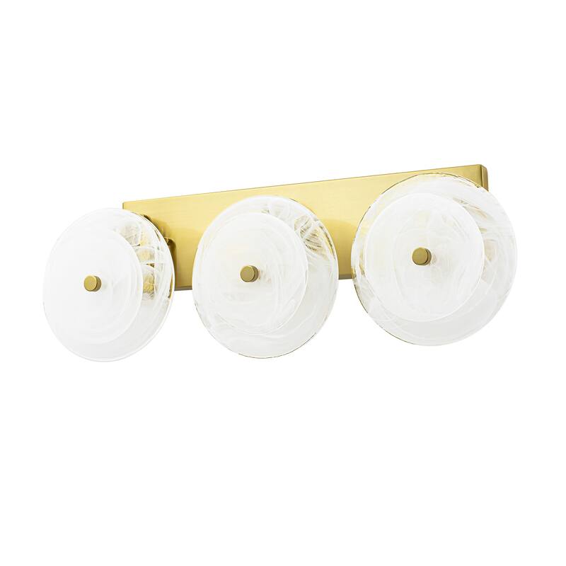 3-Light Mid-Century Modern Brushed Brass Vanity Light with Cloud-Textured Round Glass glass disc