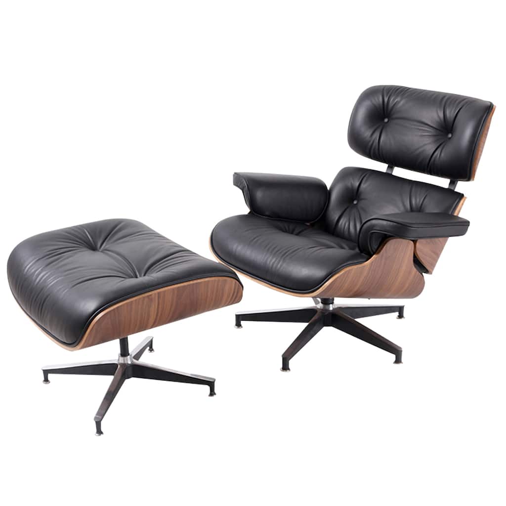 HomeRoots 35" Black Tufted Leather And Brown Swivel Lounge Chair with Ottoman - 34.6