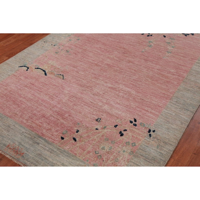 Vegetable Dye Pink Art Deco Turkish Rug Hand-Knotted Wool Carpet - 4'10" x 7'3"