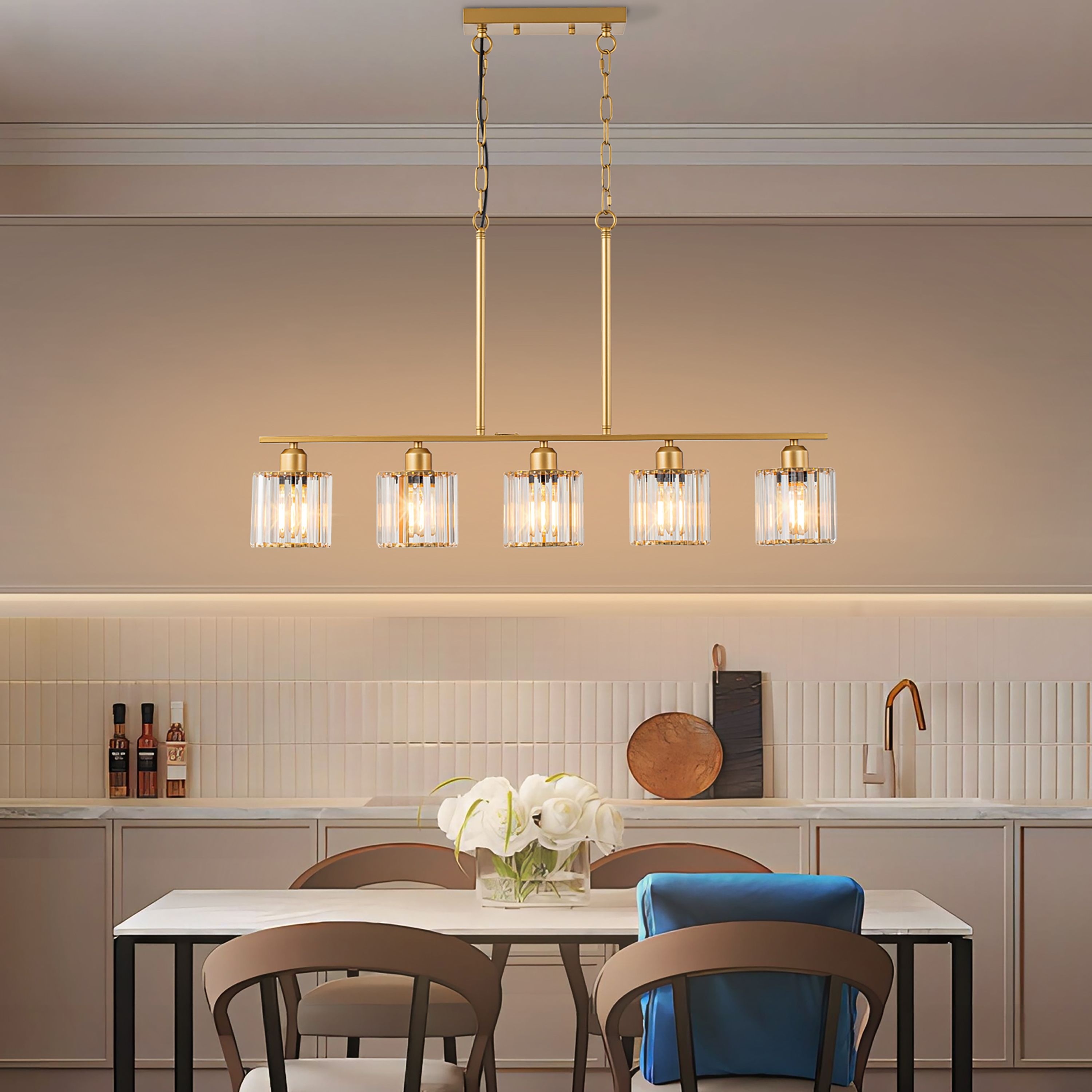 Starsky 5-Light Modern Glass Crystal Chandelier Cluster Linear Kitchen Island Light with Cylindrical Shade