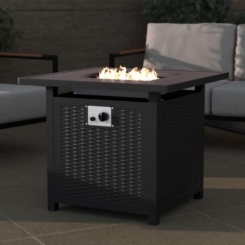 Outdoor 50,000 BTU Metal Fire Pit Table with Lid and Lava Rock - Black