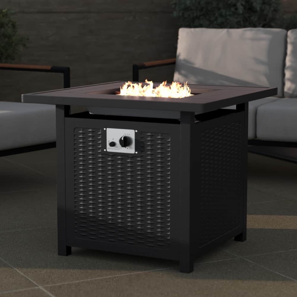 Outdoor 50,000 BTU Metal Fire Pit Table with Lid and Lava Rock
