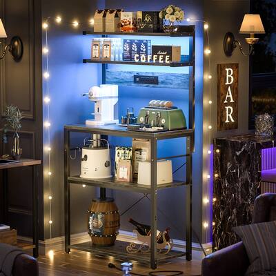 Bakers Rack Kitchen Storage Shelf with Power Outlets and RGB LED Lights,5 Tiers Coffee Bar Station,Microwave Stand