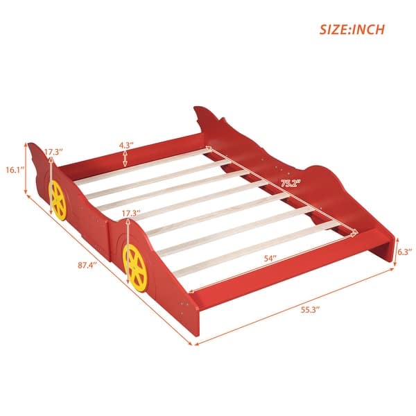 dimension image slide 2 of 3, Full Size Race Car-Shaped Platform Bed with Wheels Wooden Platform Bed Frame with Support Slats, Twin Floor Bed